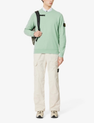 Shop Stone Island Men's Light Green Brand-patch Crewneck Cotton-jersey Sweatshirt