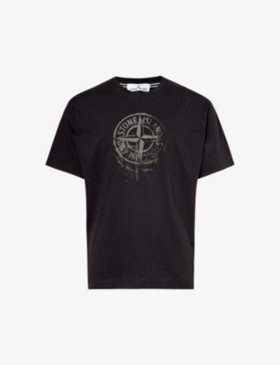 Stone Island Mens Black Compass Graphic-print Cotton-jersey T-shirt