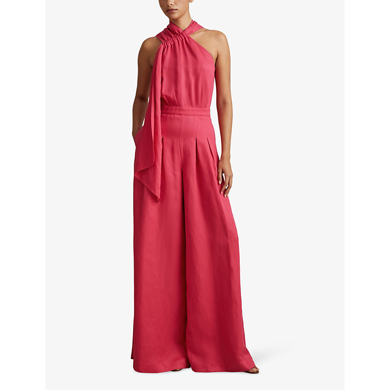 Shop Reiss Selena Halter-neck Drape Linen Jumpsuit In Coral