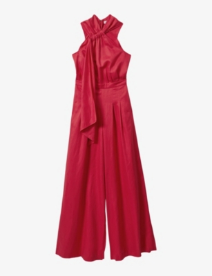 Shop Reiss Women's Coral Selena Halter-neck Drape Linen Jumpsuit