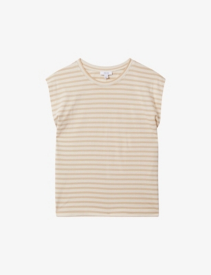 Shop Reiss Women's Neutral/white Morgan Cap-sleeve Striped Cotton T-shirt
