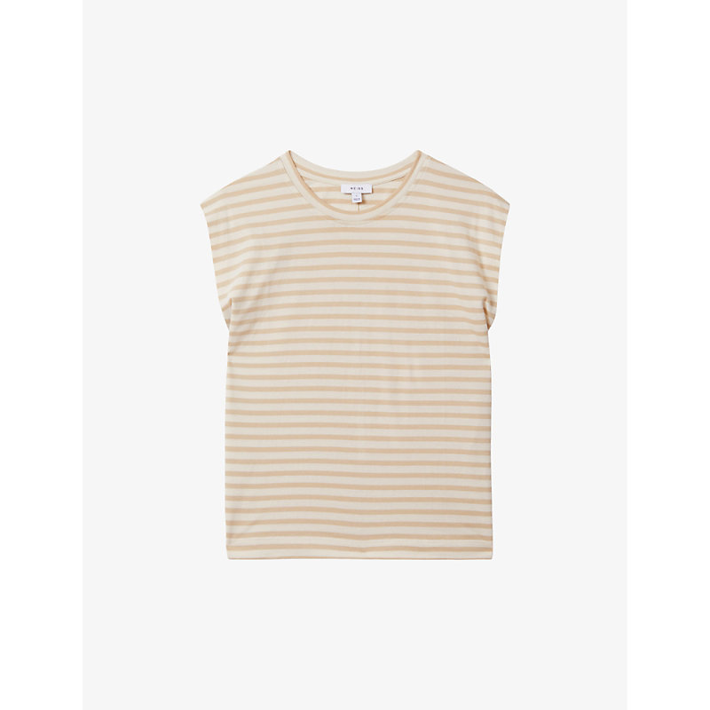 Shop Reiss Women's Neutral/white Morgan Cap-sleeve Striped Cotton T-shirt