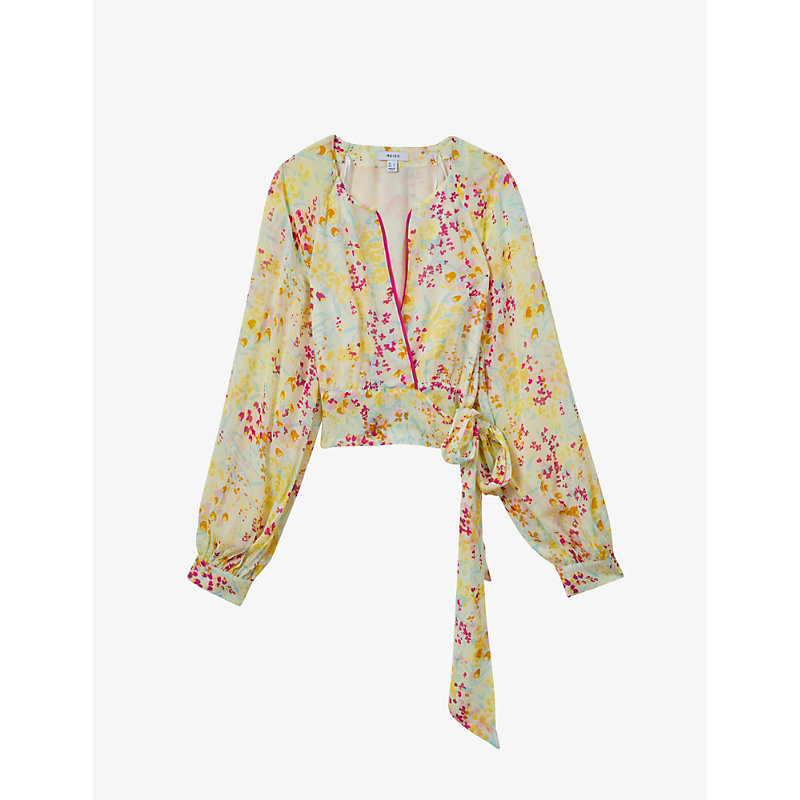 Reiss Lyla Buttercup-print Side-tie Woven Blouse In Pink/yellow