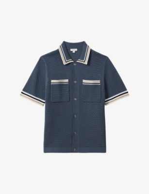 Shop Reiss Mens Airforce Blue Coulson Contrast-trim Short-sleeve Crochet Stretch-cotton Shirt