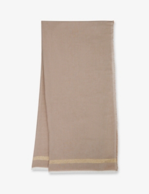 Shop Reiss Women's Taupe Melanie Metallic-stripe Linen And Cotton-blend Scarf