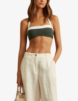 Shop Reiss Womens Nala Square-neck Bikini Top Dark Green/whit