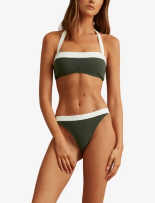 Shop Reiss Women's Dark Green/whit Nala Colour-blocked Bikini Bottoms