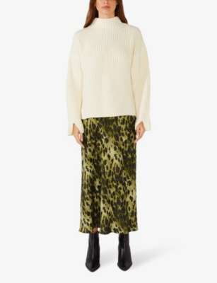 Shop Ro&zo Women's Khaki Leopard-print Bias-cut Satin Midi Skirt