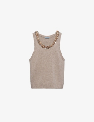 Shop Prada Knit-logo Sleeveless Wool And Cashmere-blend Top In Neutral