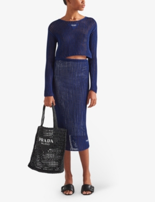 Prada Womens Black Logo-embellished Crochet Viscose Tote Bag In Black