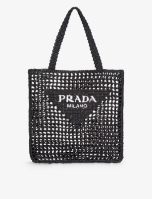 Prada Womens Black Logo-embellished Crochet Viscose Tote Bag