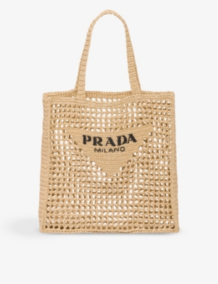 Prada Logo-embroidered Crochet Tote Bag In Neutral