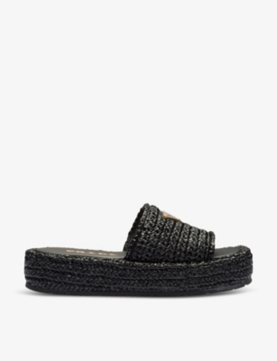 Prada Crochet Wedge Slides In Black
