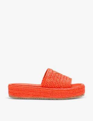 Prada Womens Orange Logo-plaque Crochet Woven Sliders