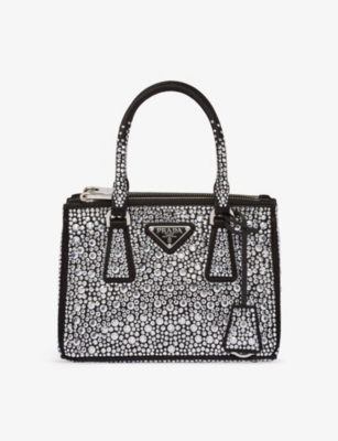 Shop Prada Womens  Galleria Mini Crystal-embellished Satin Bag In Gold/silver