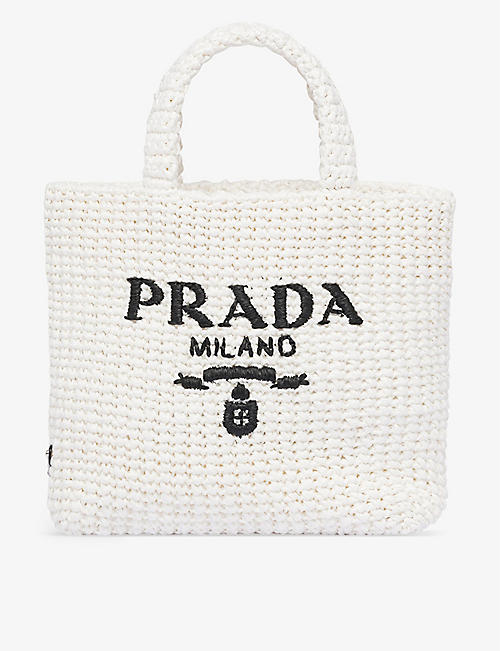 PRADA: Logo-embroidered small crochet tote bag