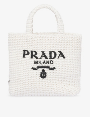 Shop Prada Logo-embroidered Small Crochet Tote Bag In White
