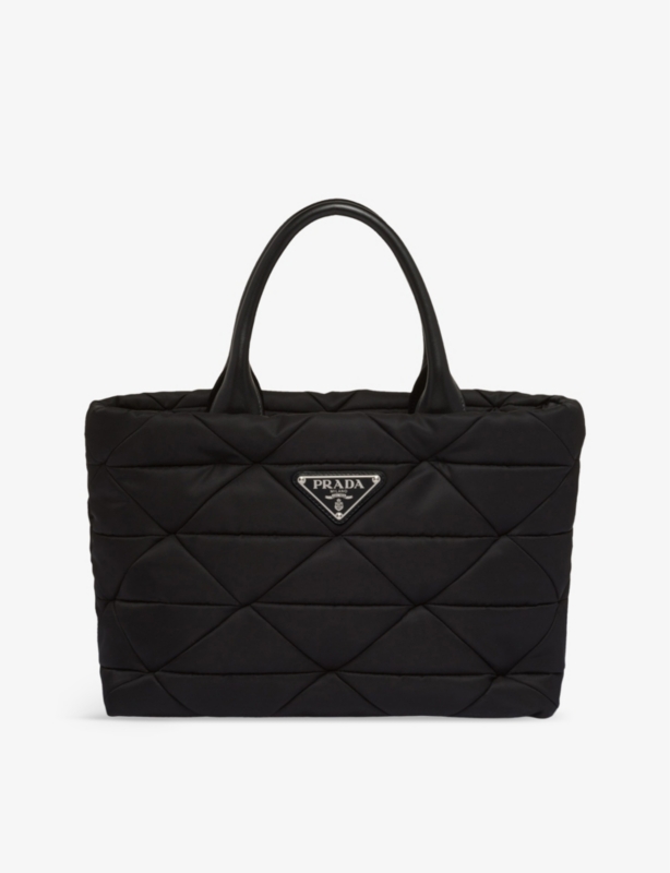 Re-Nylon quilted polyamide and leather tote bag