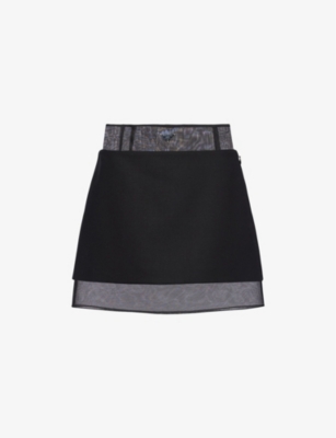 Prada triangle-logo Layered Wool Skirt | Black | FARFETCH