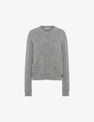 Shop Prada Womens  Embellished-button Cashmere Cardigan In Grey