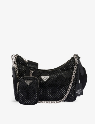 Prada Womens Black Re-edition 2005 Crystal-embellished Satin Shoulder Bag In Black
