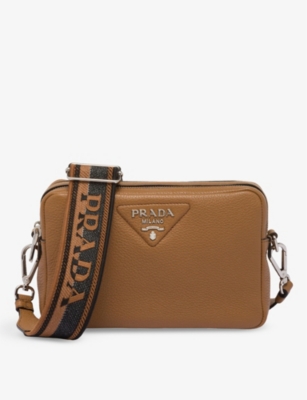 Prada Womens Brown Logo-plaque Medium Grained-leather Shoulder Bag