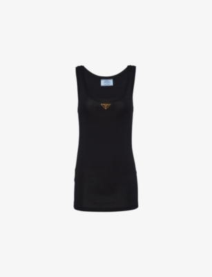 Shop Prada Womens Black Ribbed Scoop-neck Cotton Top
