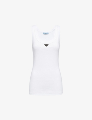 Shop Prada Ribbed Scoop-neck Cotton Top In White