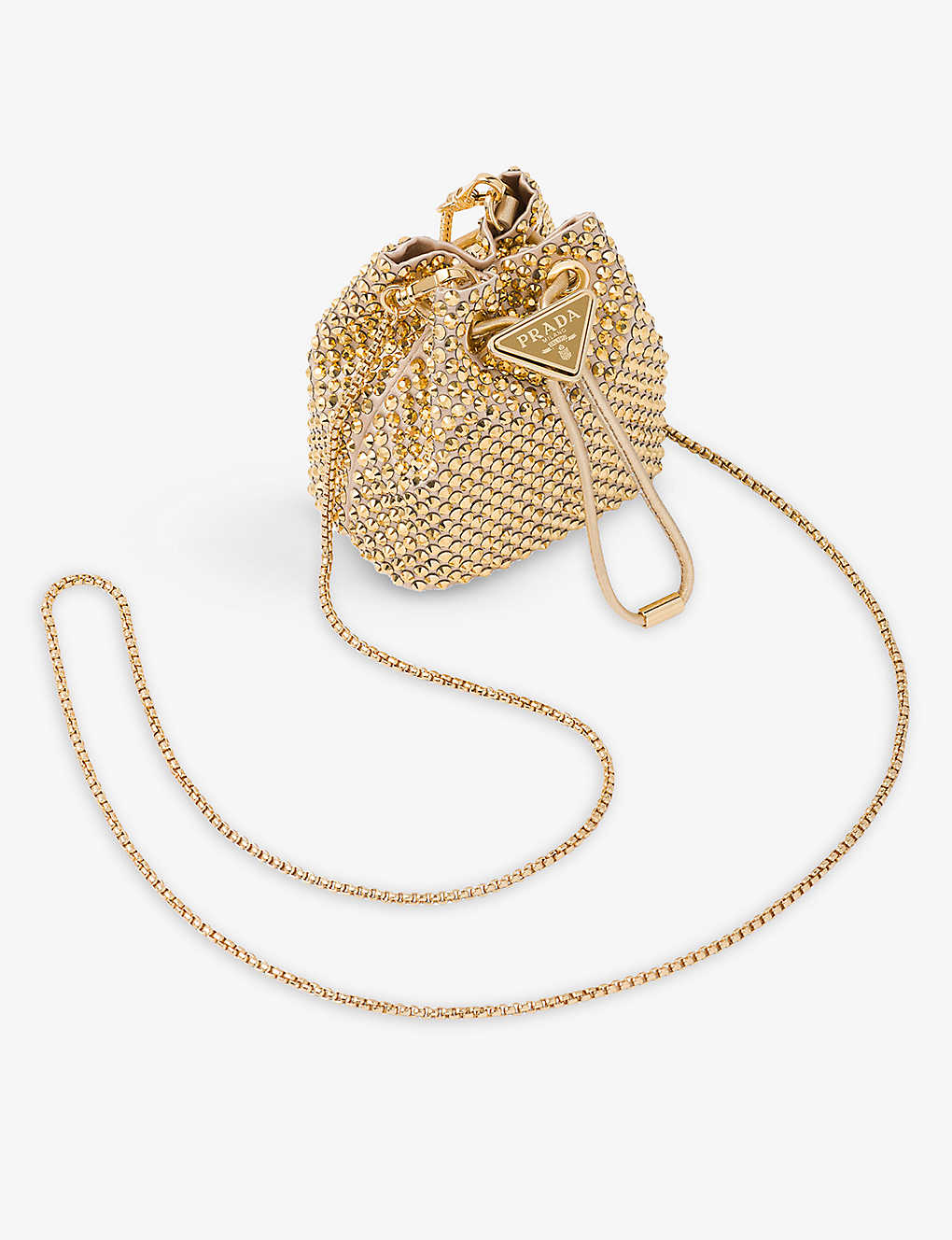 Prada Crystal-embellished Woven Bucket Bag In Gold/silver