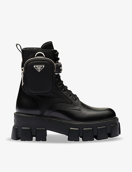 PRADA: Monolith pouch-embellished platform-sole leather boots