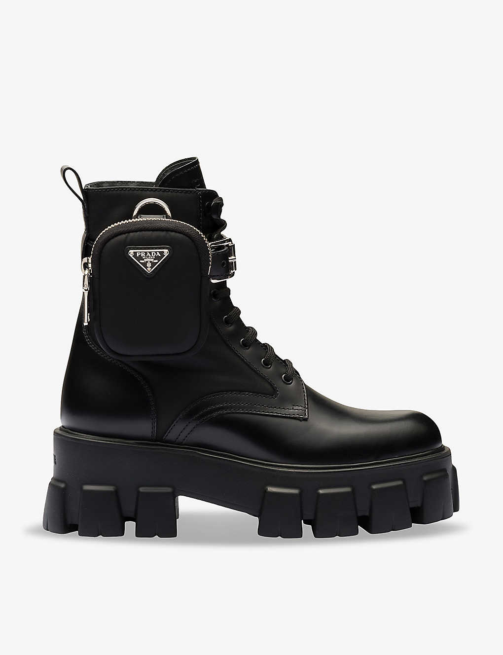 Shop Prada Womens Black Monolith Pouch-embellished Platform-sole Leather Boots