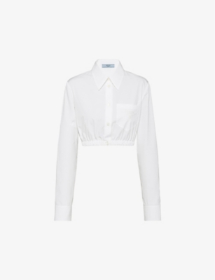 Shop Prada Cropped Logo-embroidered Cotton Shirt In White