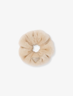 Prada Womens Neutral Brand-plaque Shearling Scrunchie