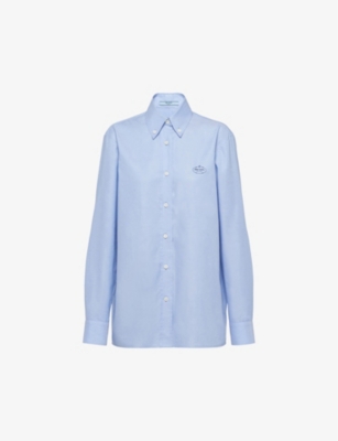 Shop Prada Logo-embroidered Regular-fit Cotton Oxford Shirt In Light Blue