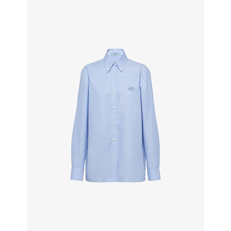Shop Prada Womens Light Blue Logo-embroidered Regular-fit Cotton Oxford Shirt