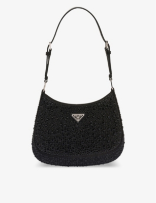 Shop Prada Cleo Crystal-embellished Satin Shoulder Bag In Black
