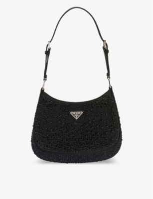 Prada Womens Black Cleo Crystal-embellished Satin Shoulder Bag In Black