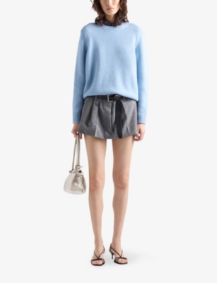 Prada Ribbed Wool Knit Sweater With Crew Neck In Light Blue