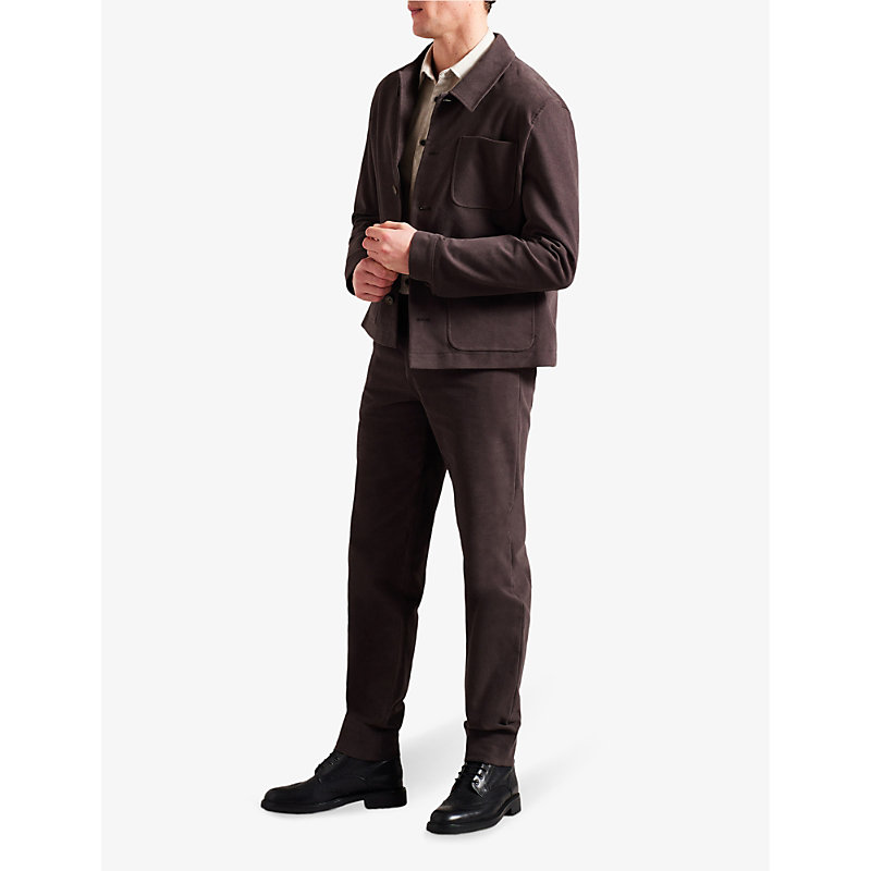 Shop Ted Baker Men's Dk-brown Rufust Textured Tapered-leg Stretch-cotton Trousers