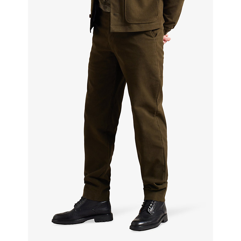 Shop Ted Baker Rufust Textured Tapered-leg Stretch-cotton Trousers In Khaki