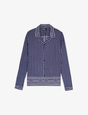 The Kooples Mens Blue Paisley-print Camp-collar Woven Shirt