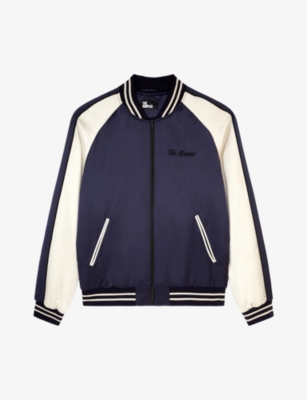 The Kooples Mens Navy Logo Text-embroidered Woven Bomber Jacket