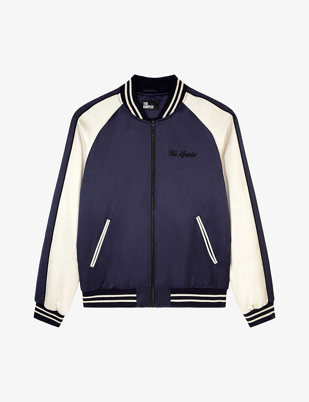 The Kooples Mens Navy Logo Text-embroidered Woven Bomber Jacket