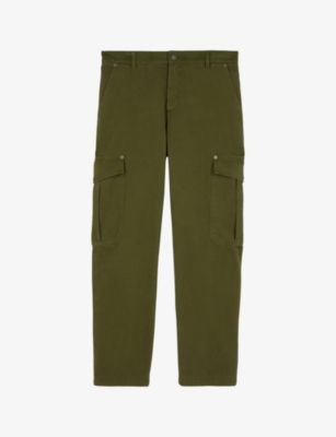 Shop The Kooples Men's Kaki Patch-pocket Straight-leg Cotton Cargo Trousers