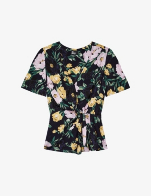 The Kooples Floral-print Short-sleeve Woven Top In Pink