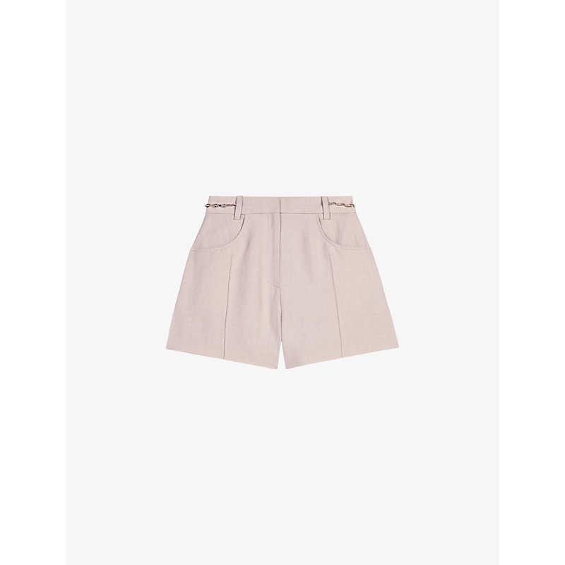 Shop Maje Women's Ecru Curb-chain High-rise Linen And Cotton-blend Shorts