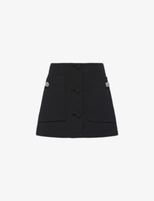 Prada Wool Mini Skirt With Oversized Pockets And Embellished Accents In Black