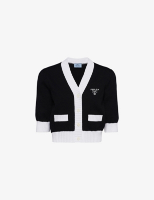 PRADA: Logo-embroidered cropped cotton cardigan