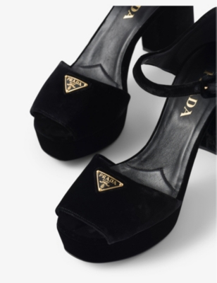 PRADA WOMENS BLACK BRANDED VELVET HEELED SANDALS EUR 36.5 / 3.5 UK 
