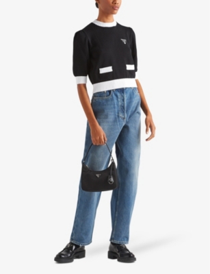 Prada Bicolor Cropped Knit Sweater In Black